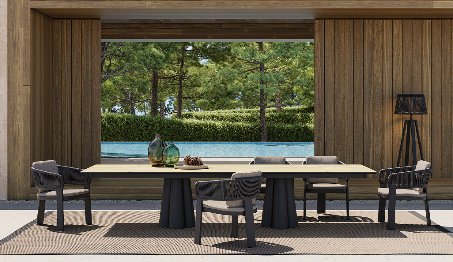 SOLENNA - Table repas outdoor Warm White / plateau céramique Travertin