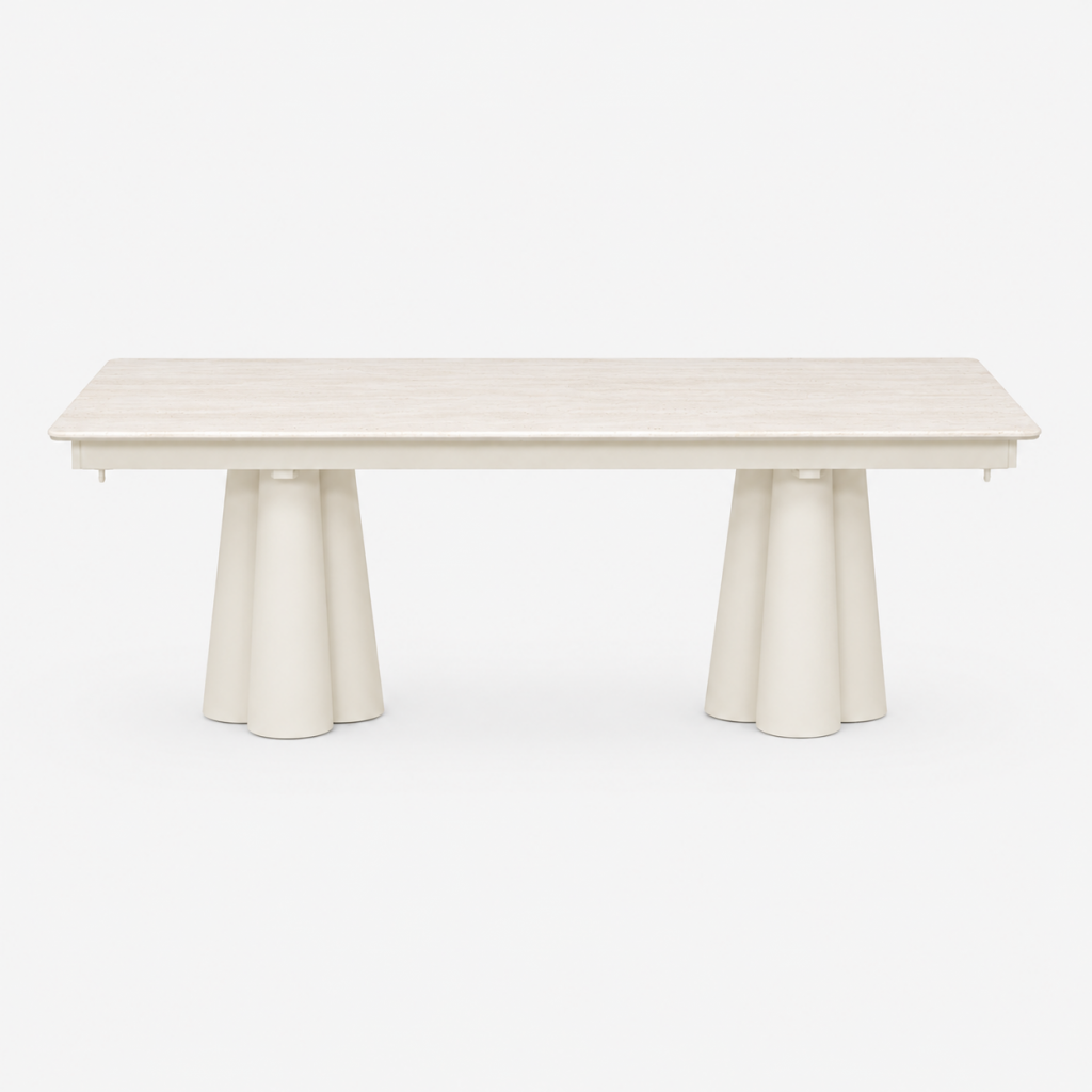 SOLENNA - Table repas outdoor Warm White / plateau céramique Travertin